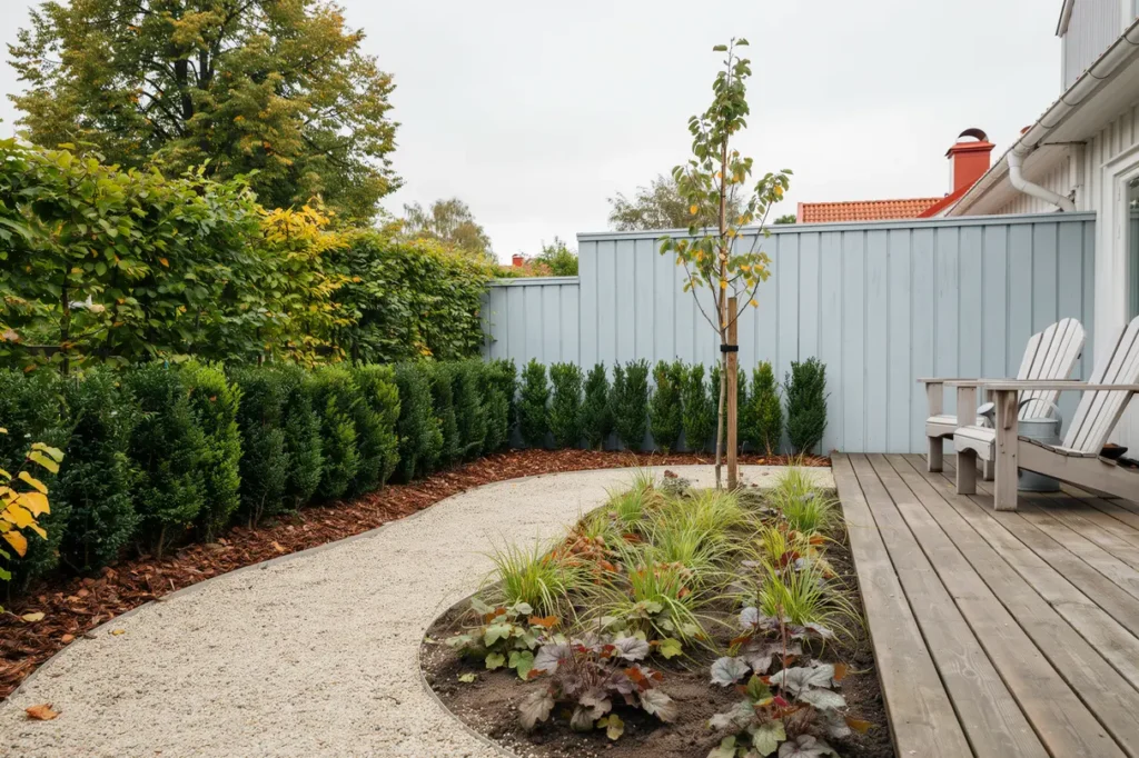 anl ggning av tr dg rd med h ckplantering och rabatter i hus kristianstad